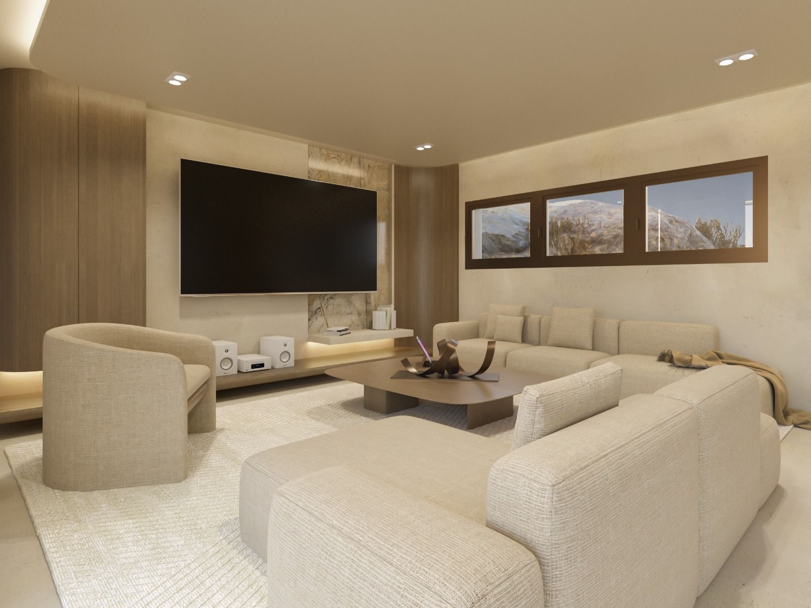 Moderne woonkamer in La Roca 2 met comfortabele zitplaatsen en uitzicht op de bergen.