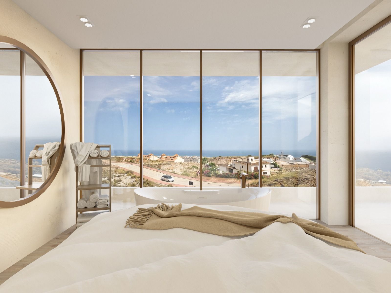Moderne slaapkamer met vrijstaand bad en uitzicht op zee bij La Roca 2.