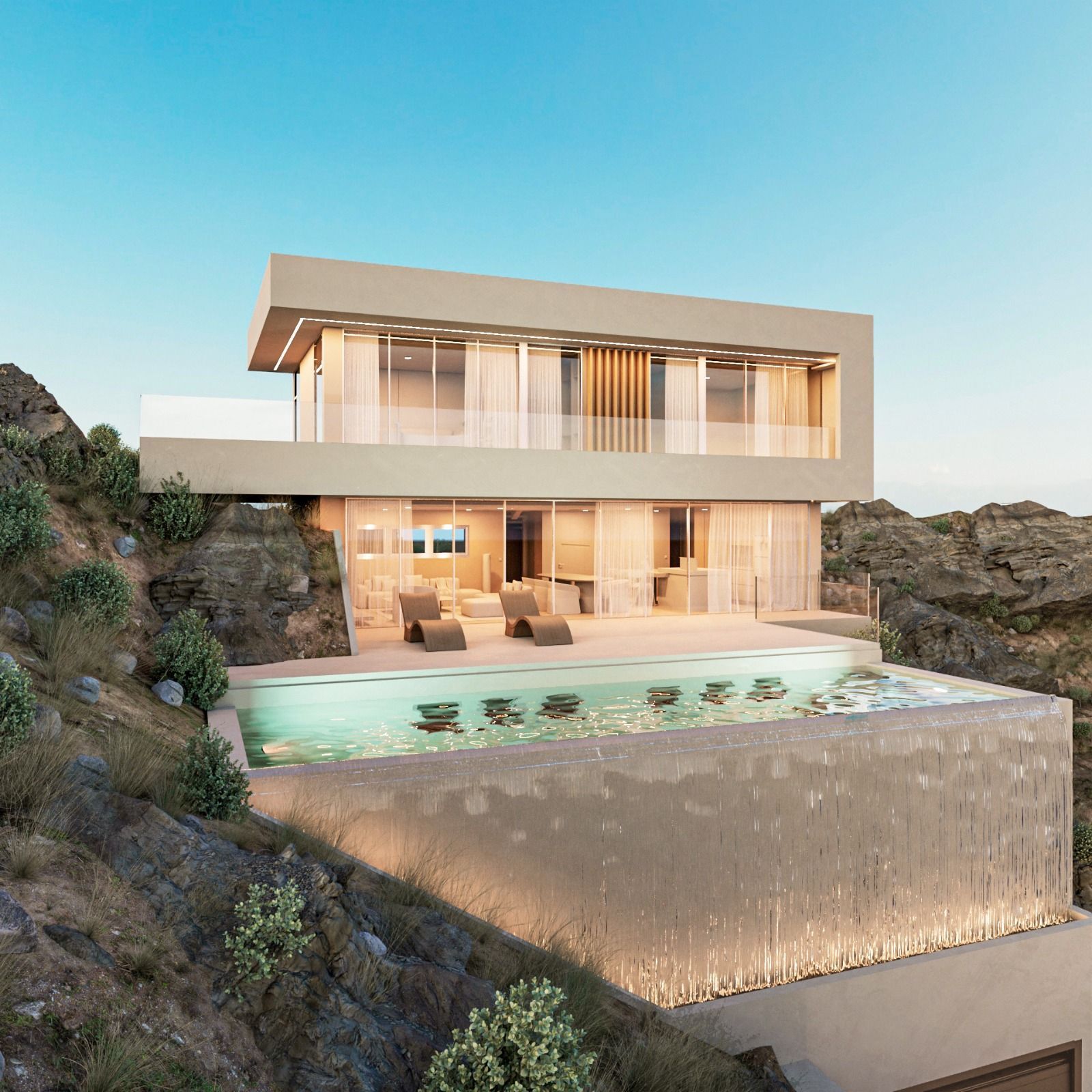 Moderne villa La Roca 2 met infinity pool en panoramisch uitzicht op de rotsachtige omgeving.