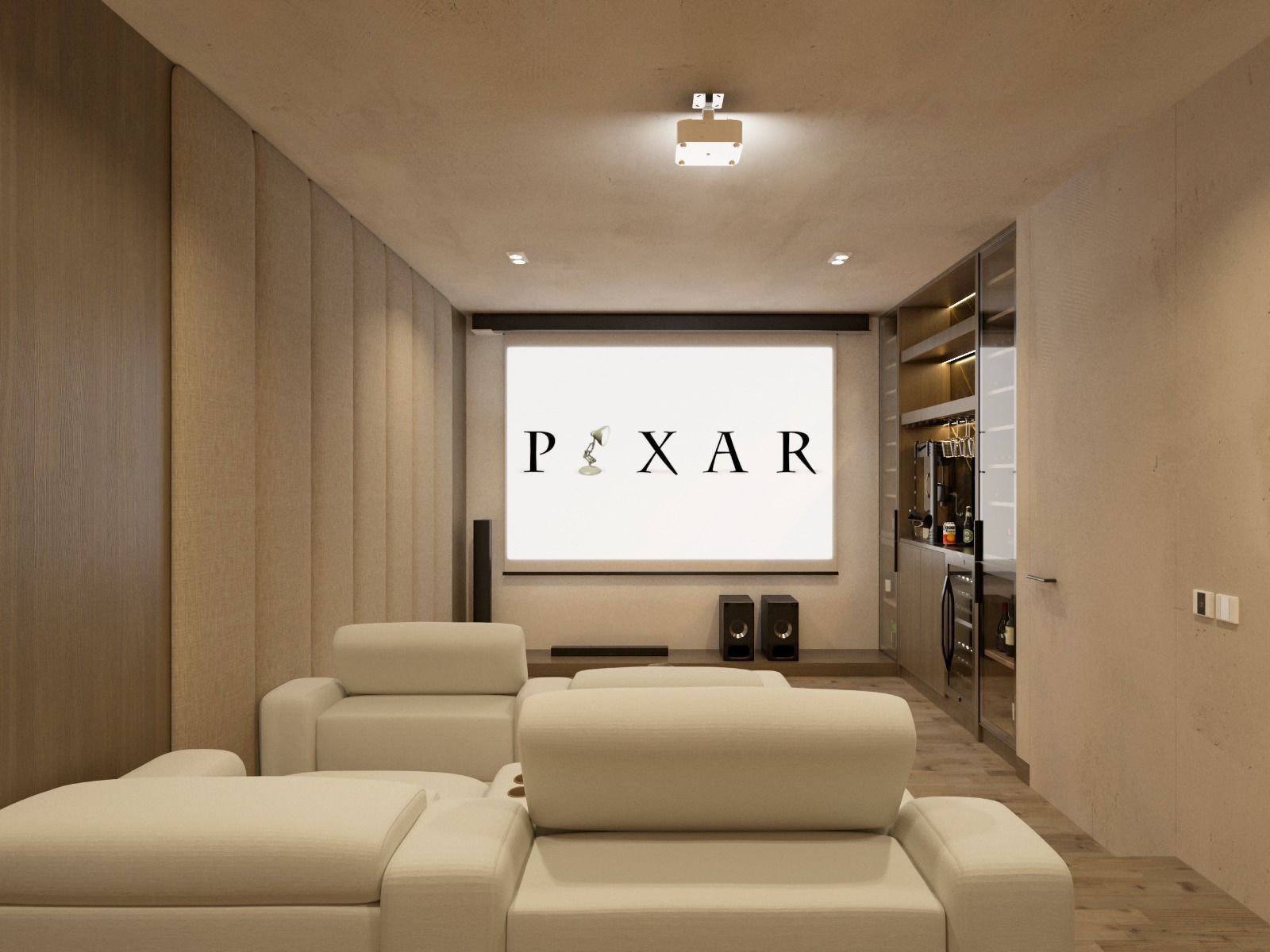 Moderne thuisbioscoop met Pixar-logo en comfortabele zetels.