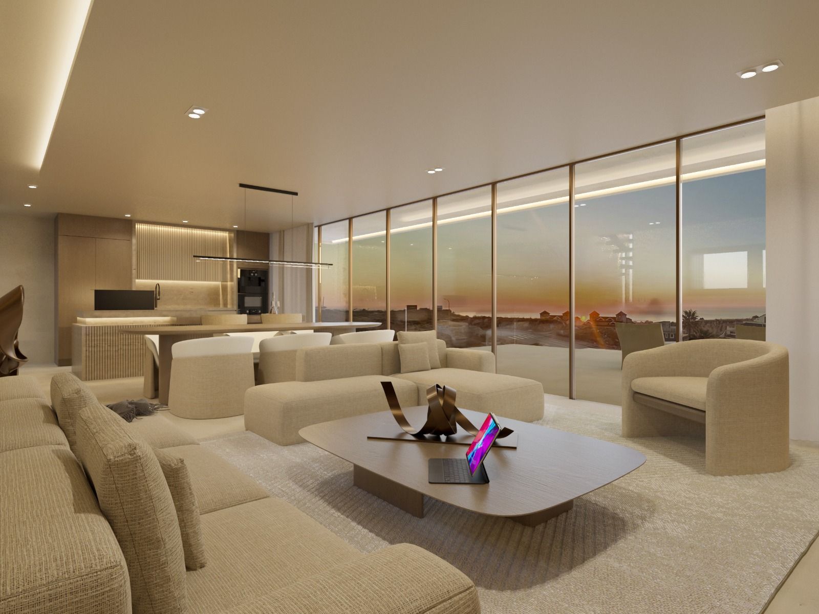 Moderne woonkamer en keuken met panoramisch uitzicht op zonsondergang in La Roca 2.